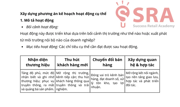 Slide bảng kế hoạch hoạt động: nhận diện thương hiệu, thu hút khách mới, chuyển đổi bán hàng, xây dựng quan hệ